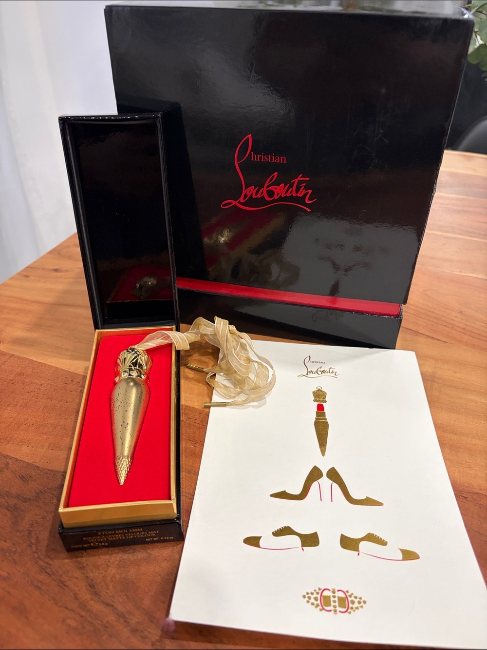 Christian Louboutin Gold Lipstick Pendant with Sheer Ribbon Shade Eton Moi 330M